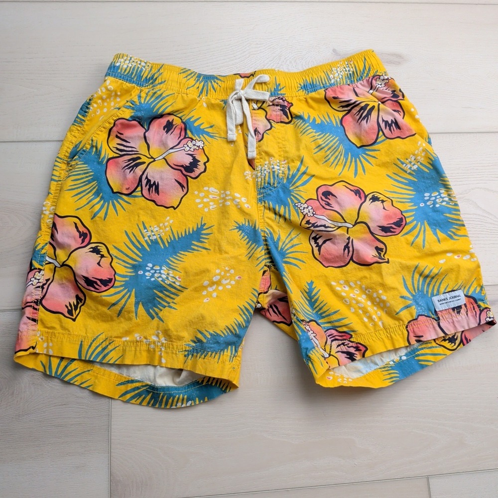 Banks Journal Swim Trunks Mens L Floral Print Yellow Stretch Unlined Beach Surf